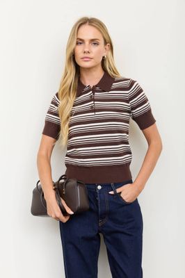 Striped Polo Short Sleeve Sweater Knit Top
