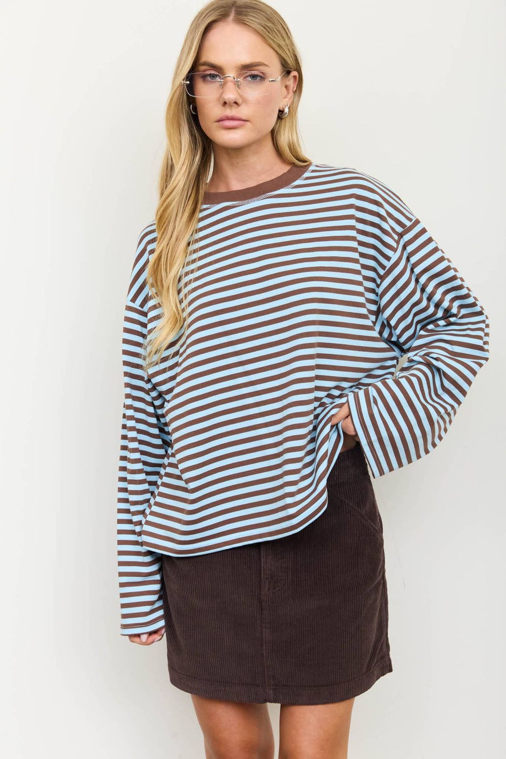 Striped Contrast Crew Neck Long Sleeve Knit Top