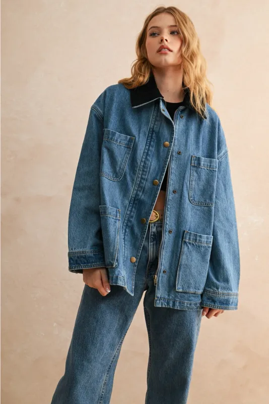 Denim Barn Jacket with Corduroy Collar
