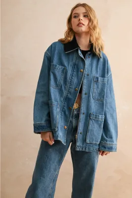 Denim Barn Jacket with Corduroy Collar