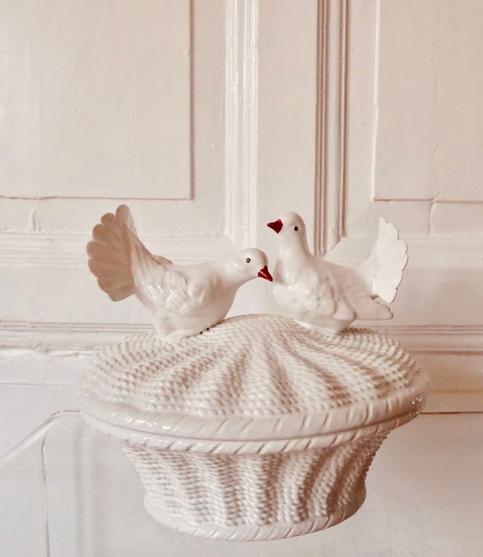 Italienische Keramik Bonboniere Turtel Tauben