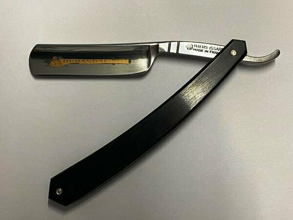 Rasiermesser von Thiers Issard 5/8", Modell Durandal, Goldätzung, Ebenholz poliert, mit Leder-Etui