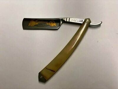 Rasiermesser von Thiers Issard 6/8", Goldätzung Le Chasseur (der Jäger), Widderhorn poliert, mit Leder-Etui