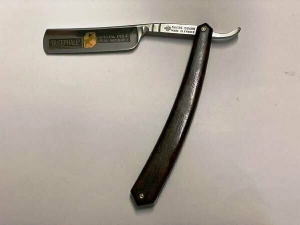 Rasiermesser von Thiers Issard 5/8", Modell Bucephale, Goldätzung, Wüsteneisenholz poliert, mit Leder-Etui