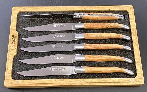 6 Stück Steakmesser Tafelmesser Laguiole en Aubrac, Griff Olivenholz