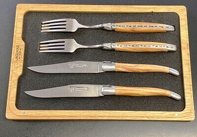 Steakmesser Tafelmesser Set, Laguiole en Aubrac, Griff Olivenholz (zwei Stück Steakmesser und zwei Stück Gabel)