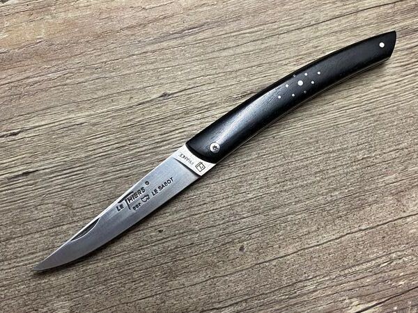 Kleines Le Thiers Taschenmesser, Griff Ebenholz, mit Rosenkranz-Pins beidseitig, Klinge Sandvik, Au Sabot