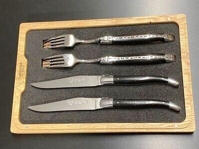 Steakmesser Tafelmesser Set, Laguiole en Aubrac, Griff Ebenholz (zwei Stück Steakmesser und zwei Stück Gabel)