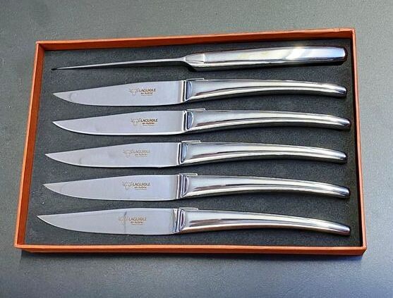 6 Stück Steakmesser Tafelmesser Laguiole en Aubrac, Monobloc, Edelstahl hochglänzend, spülmaschinenfest