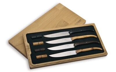 4 Stück Steakmesser Tafelmesser, Modell Steak House, Laguiole en Aubrac, lange Ausführung, gemischte Hölzer