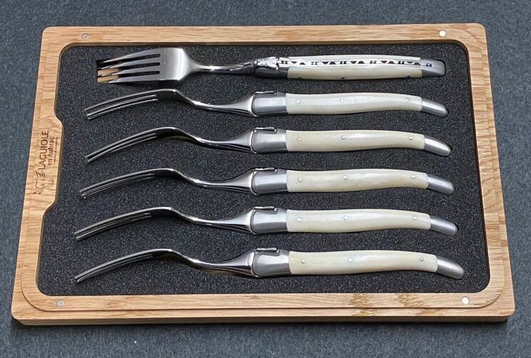 6 Stück Gabel Laguiole en Aubrac, Griff Knochen weiß 6 Stück Gabel Laguiole en Aubrac, Griff Knochen weiß