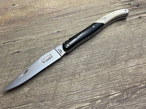 Laguiole Taschenmesser 12 cm voller Griff, Arbalete G. David, Griff Ebenholz/Rinderbein, Doppelplatine, Etui