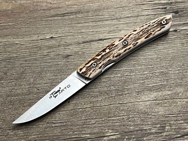Französisches Taschenmesser Le Thiers als Liner Lock und mit lentille von ARTO, Griff Hirschhorn, Leder Steck-Etui, Messer Nr. 1 Französisches Taschenmesser Le Thiers als Liner Lock und mit lentille von ARTO, Griff Hirschhorn, Leder Steck-Etui, Messer Nr. 1