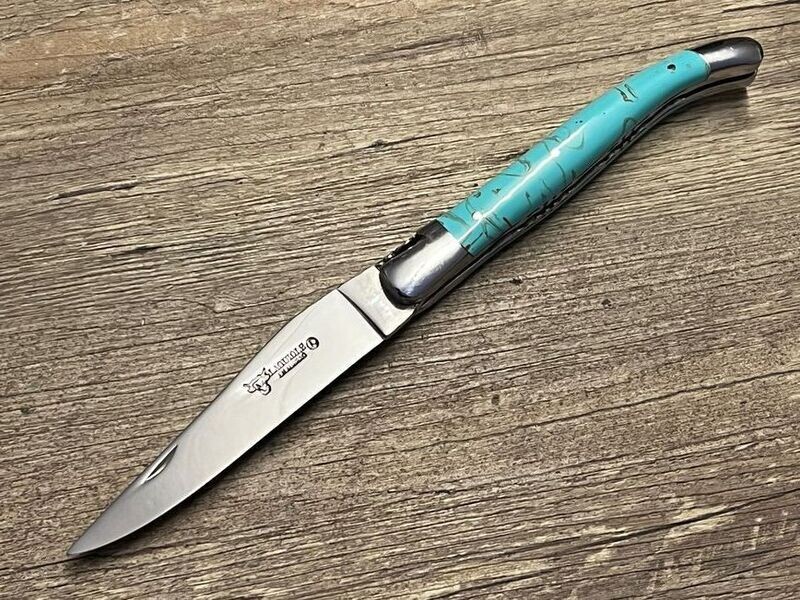 Laguiole en Aubrac 12 cm, geschmiedete Biene, Doppelplatine, Griff echter Türkisstein