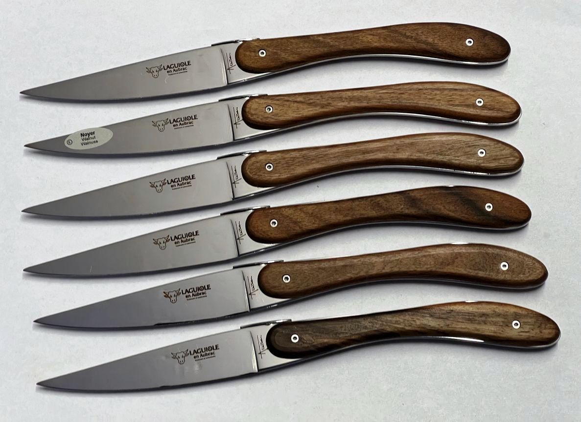 6 Stück Steakmesser Tafelmesser für jeden Tag, Laguiole en Aubrac, Griff französischer Nussbaum, Modell Ecir