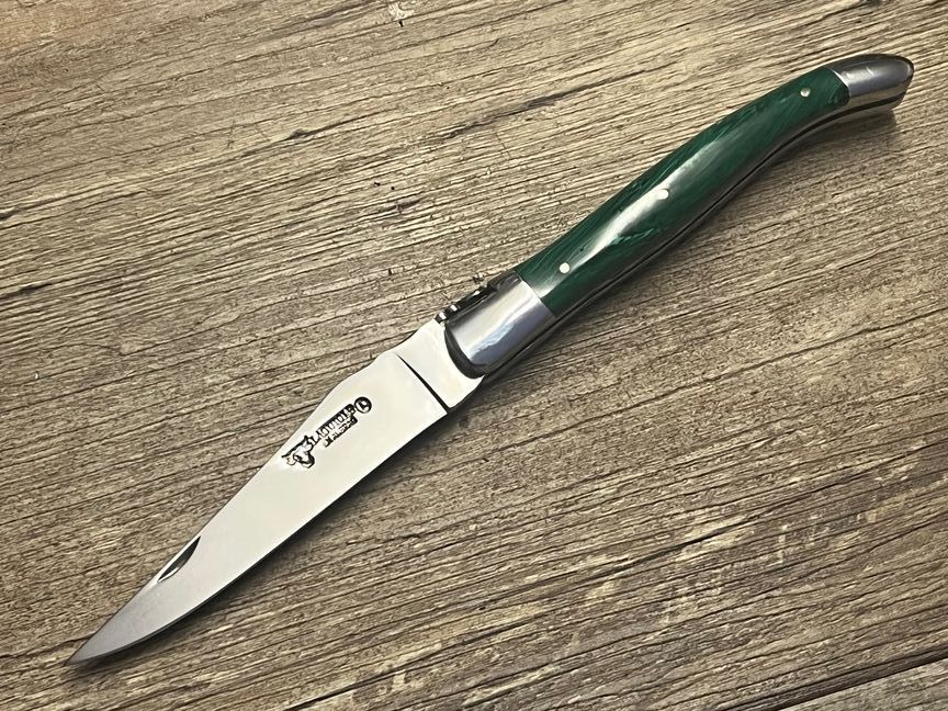 Laguiole en Aubrac 12 cm, Doppelplatine, geschmiedete Biene, Griff Malachit