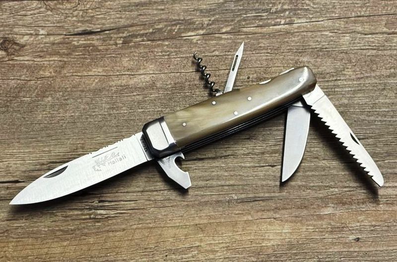 Couteau Chasse Douris Chastel, Modell Hallali, Griff geflammte Hornspitze, 6teiliges schweres Jagdmesser mit Back-Lock-Verriegelung (Multitool) Coutellerie Goyon-Chazeau Couteau Chasse Douris Chastel, Modell Hallali, Griff geflammte Hornspitze, 6teiliges schweres Jagdmesser mit Back-Lock-Verriegelung (Multitool) Coutellerie Goyon-Chazeau