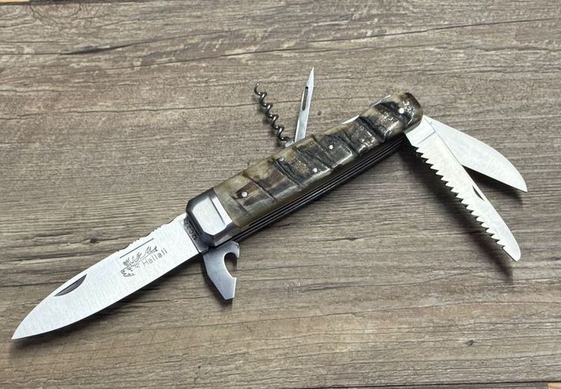 Couteau Chasse Douris Chastel, Modell Hallali, Griff Widderhorn, 6teiliges schweres Jagdmesser mit Back-Lock-Verriegelung (Multitool) Coutellerie Goyon-Chazeau Couteau Chasse Douris Chastel, Modell Hallali, Griff Widderhorn, 6teiliges schweres Jagdmesser mit Back-Lock-Verriegelung (Multitool) Coutellerie Goyon-Chazeau