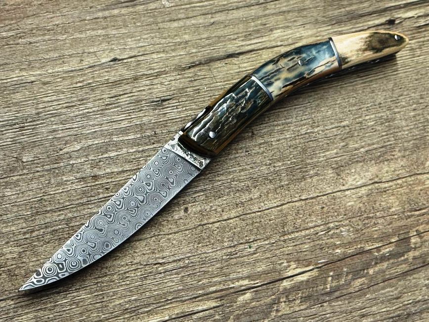 Unikat, Couteau Styl`Ver, Modell Luxe, Coutellerie Goyon-Chazeau, Griff dreierlei Mammutelfenbeineinlage, Klinge 228 Rosen-Damast, Etui