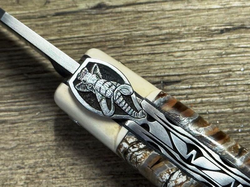 Meisterstück, Laguiole en Aubrac 12 cm, Doppelplatine, Griff Mammutbackenzahn braun/erdfarben mit Mammutelfenbeinmitres weiß, ziselierte Mouche Mammut, Balbach Damastklinge und Schlangenleder-Etui Meisterstück, Laguiole en Aubrac 12 cm, Doppelplatine, Griff Mammutbackenzahn braun/erdfarben mit Mammutelfenbeinmitres weiß, ziselierte Mouche Mammut, Balbach Damastklinge und Schlangenleder-Etui