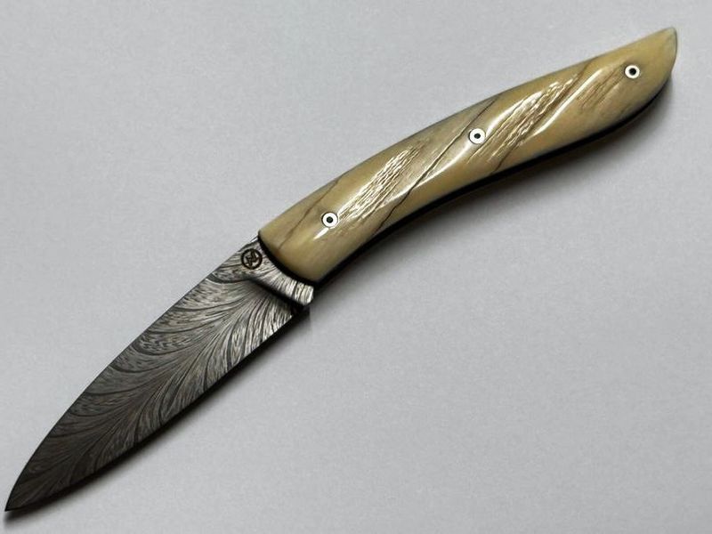 Couteau Névé von Tim Bernard, Griff Elfenbein vom Narwalzahn mit Saphirschrauben, Klinge 300 Lagen Federdamast, Messer Nr. 1 Couteau Névé von Tim Bernard, Griff Elfenbein vom Narwalzahn mit Saphirschrauben, Klinge 300 Lagen Federdamast, Messer Nr. 1