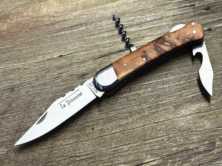 Couteau Chasse  Douris Chastel, Modell Le Pionnier, Griff Wacholder, 3teiliges  kleines Jagdmesser (Petit Chasse) mit Back-Lock-Verriegelung  Coutellerie Goyon-Chazeau, Messer Nr. 2