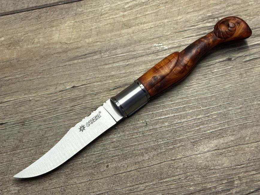 Couteau Tradition, Widderkopf, Griff Wacholder, Gürtellederholster,  Klinge 12 C 27 (Sandvik),  Coutellerie Du Larzac, Midi Pyrenees
