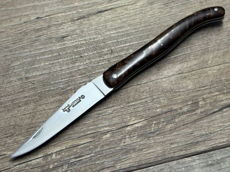 Laguiole en Aubrac 12 cm, voller Griff, dunkle Maserpappel poliert , geschmiedete Biene
