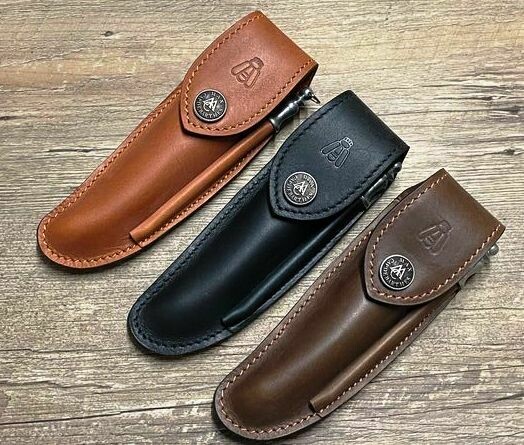 Max Capdebarthes, feines Gürtellederholster aus Rindsleder, Modell Fussil mit Wetzstahl, Farbe schwarz, hellbraun oder choco für Laguiole Taschenmesser oder schlanke Taschenmesser bis 13 cm Länge