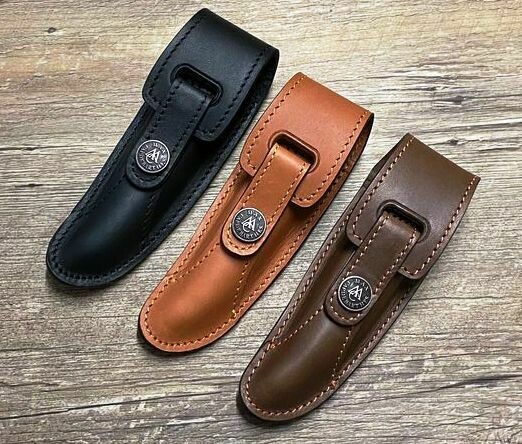 Max Capdebarthes, feines Gürtellederholster aus Rindsleder, Modell Prestige, Farbe schwarz, hellbraun oder choco für Laguiole Taschenmesser oder schlanke Taschenmesser bis 13 cm Länge