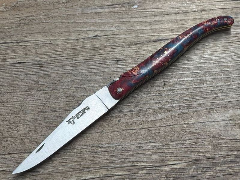 Laguiole en Aubrac 12 cm,  voller Griff, Serie Kosmos, Modell Space (Weltraum), Holunder Wurzelholz,  Messingplatine, eine Farbexplosion