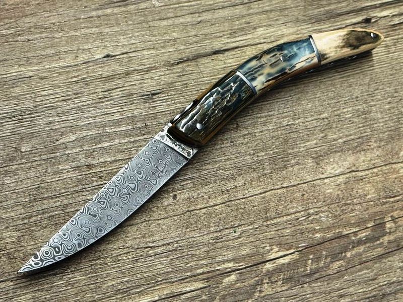 Unikat, Couteau Styl`Ver, Modell Luxe, Coutellerie Goyon-Chazeau, Griff dreierlei Mammutelfenbeineinlage, Klinge 228 Rosen-Damast, Etui