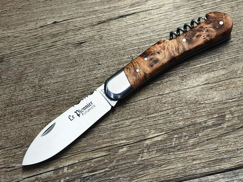 Neues Modell Couteau Chasse  Douris Chastel, Modell Le Pionnier Futuriste, Griff Wacholder, 2teiliges  kleines Jagdmesser (Petit Chasse)  Coutellerie Goyon-Chazeau, Messer Nr. 1