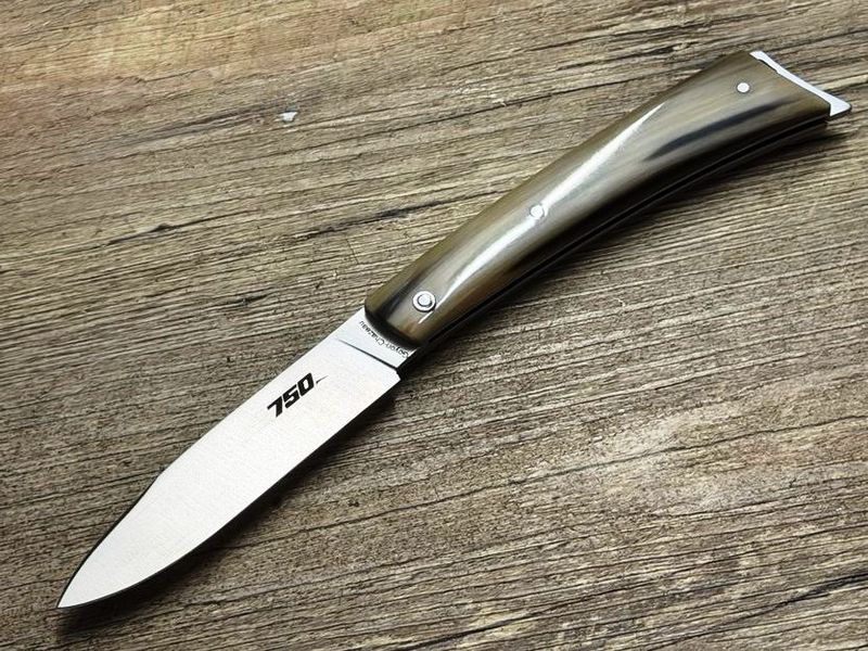 Bikermesser  750 von Goyon-Chazeau.  Design Vincent Soucille und Robert Beillonnet, Griff geflammte Hornspitze, Etui, Messer Nr. 1