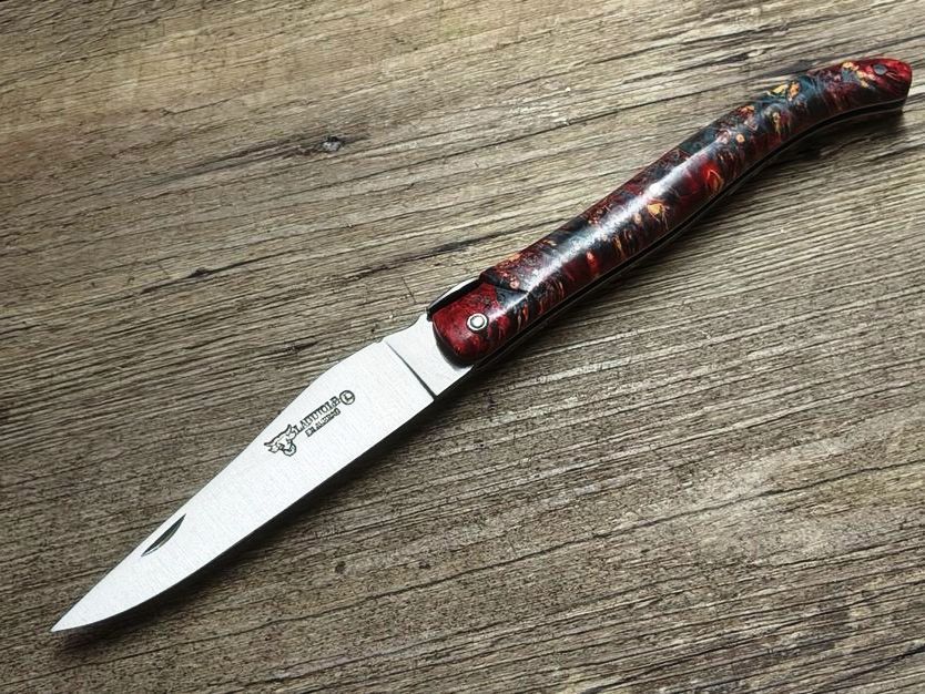 Laguiole en Aubrac 12 cm,  voller Griff, Serie Kosmos, Modell Saturn (Weltraum), Holunder Wurzelholz, eine Farbexplosion