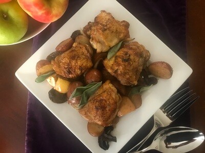 Roasted Chicken Thighs with Sage, Mushrooms, Baby Potatoes & Apples