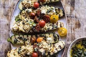 Grilled Pesto Zucchini Stuffed With Tomatoes and Orzo