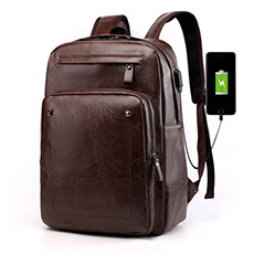 Leather laptop backpack with usb - Dark brown