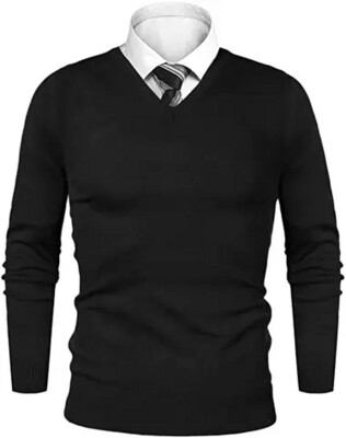 Men's New Season V-Neck Knitted Jumper with Mock Shirt Collar - Black