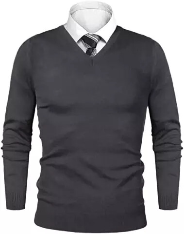 Men's New Season V-Neck Knitted Jumper with Mock Shirt Collar - Dark Grey
