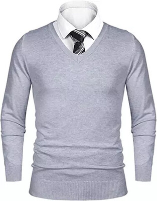 Men's New Season V-Neck Knitted Jumper with Mock Shirt Collar - Light Grey