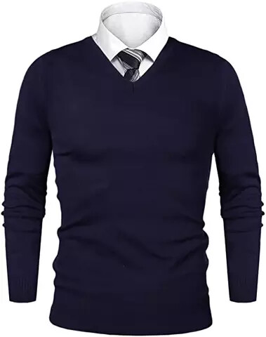 Men's New Season V-Neck Knitted Jumper with Mock Shirt Collar - Dark Blue
