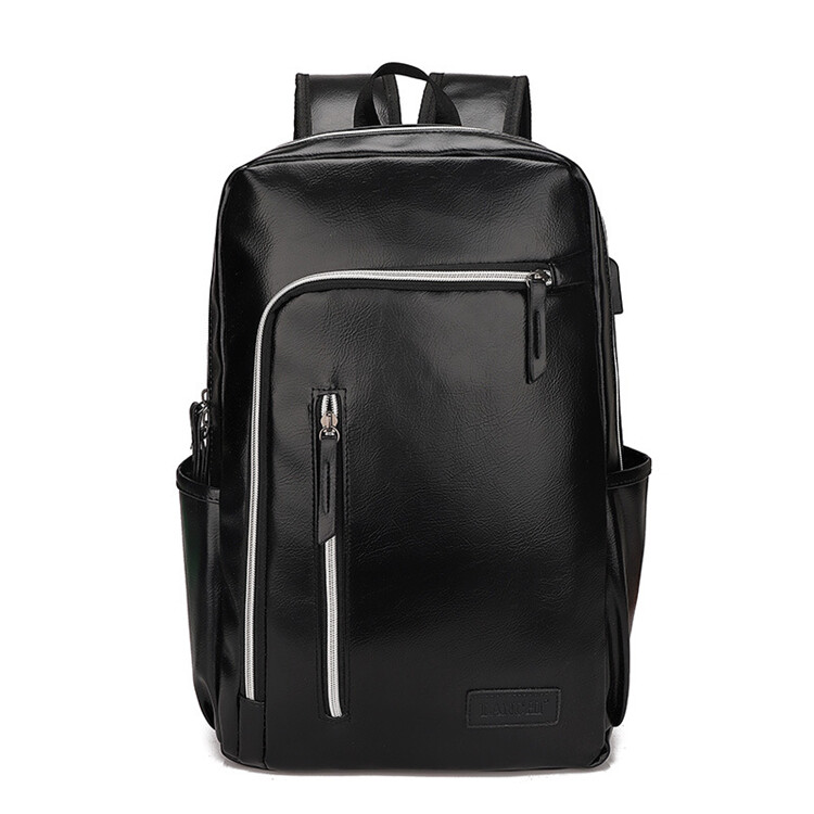 custom designer men black leather back pack with charging port