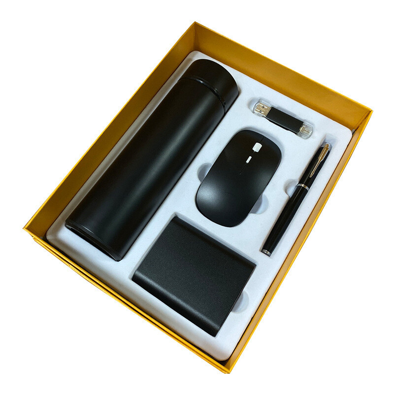 Luxury Gift Packaging Business Promotion Gifts Set With Vacuum Bottle + Signature Pen + Power Bank+ Mouse + USB Flash Drivem- Black