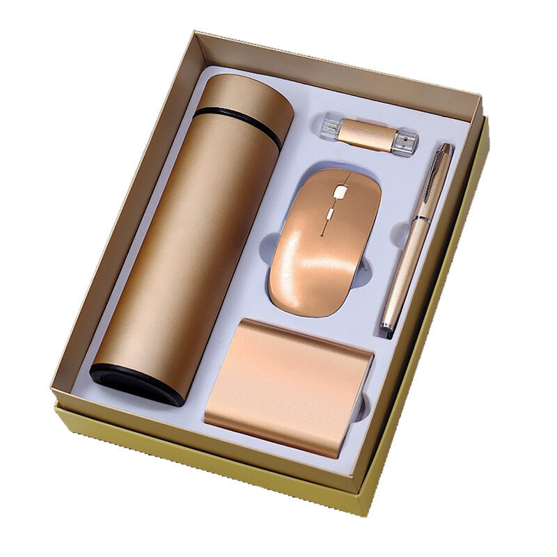 ​​Luxury Gift Packaging Business Promotion Gifts Set With Vacuum Bottle+Signature Pen+Power Bank+Mouse+USB Flash Drive -Gold In Color