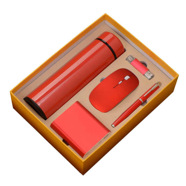 ​Luxury Gift Packaging Business Promotion Gifts Set With Vacuum Bottle+Signature Pen+Power Bank+Mouse+USB Flash Drive - Red
