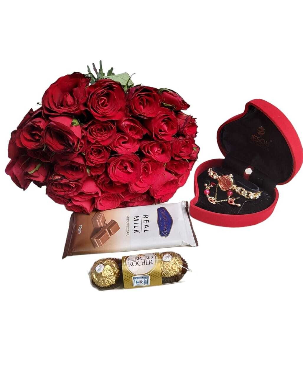 Ladies gift with flowers, chocolate & ladies giftset