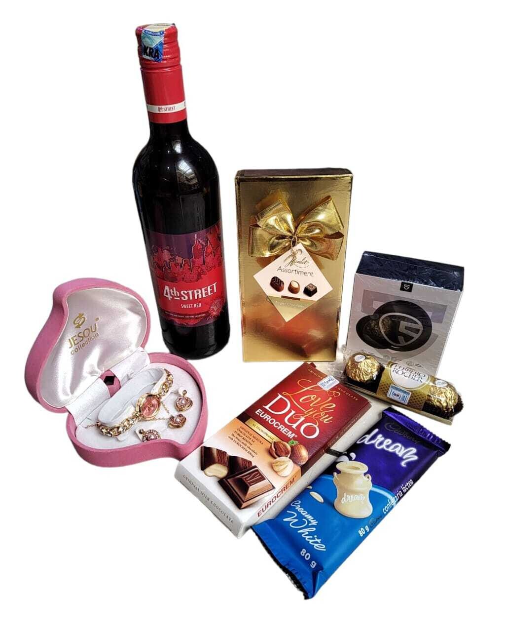 Beautiful ladies giftset, assorted chocolates, earbuds & wine
