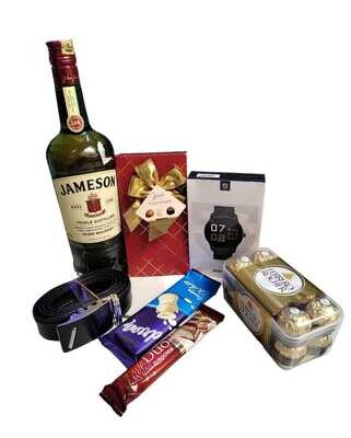Esquisite Mens gift pack, leather belt, assorted chocolates, soundpeats watch 2 & Jameson