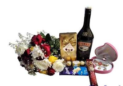 Gift package with flowers, assorted chocolates, ladies giftset and baileys